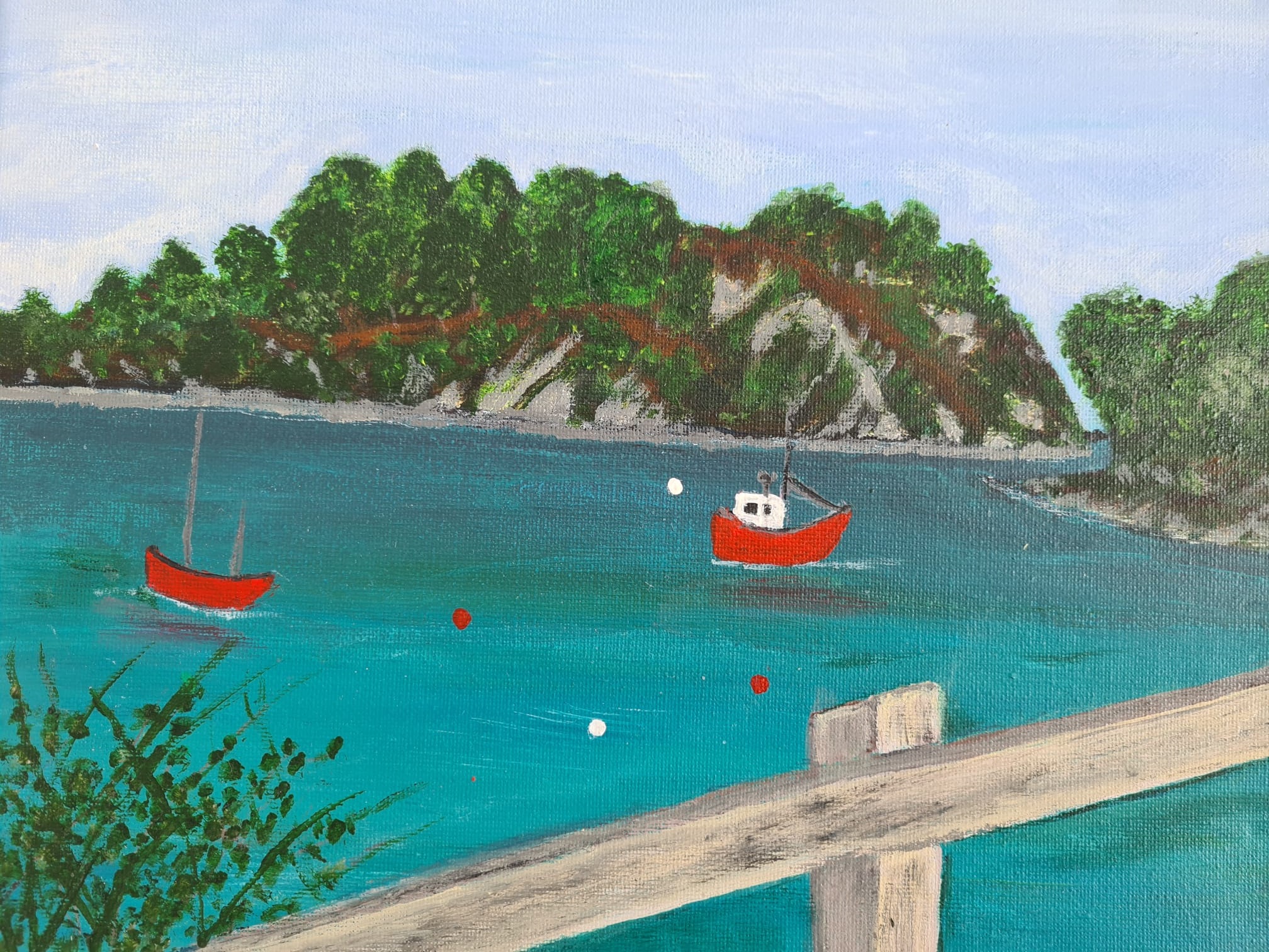 Bealtaine | Wednesday 1 May – Friday 31 May 2024 | Uillinn: West Cork Arts Centre | Image: painting of two boats on turquoise-blue sea – or Lough Ine, which is a seawater lake; the hulls of both boats are bright read, the one on the left with two empty masts, the one on the right probably a small trawler with white wheelhouse; there is an indication of a wooden barrier of some sort in the foreground, and there are hills in the background and a pale-blue sky 