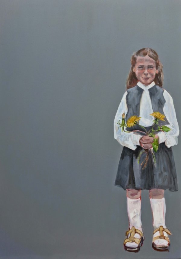 Bernadette Doolan: Same but Different | Friday 24 May – Tuesday 11 June 2024 | The LAB | Image: painting of a schoolgirl, probably in school uniform (which is grey skirt, grey top, white blouse, grey armless top, what looks look a wide white cravat, white knee-high socks, tan sandals, long hair, dark blonde, pleased or embarrassed expression; looking straight at the view from the right side of the canvas; the background / rest of the canvas is a uniform mid-grey; the girl is holding a flower, which looks to be two to four very large dandelions, with some leaves and roots 