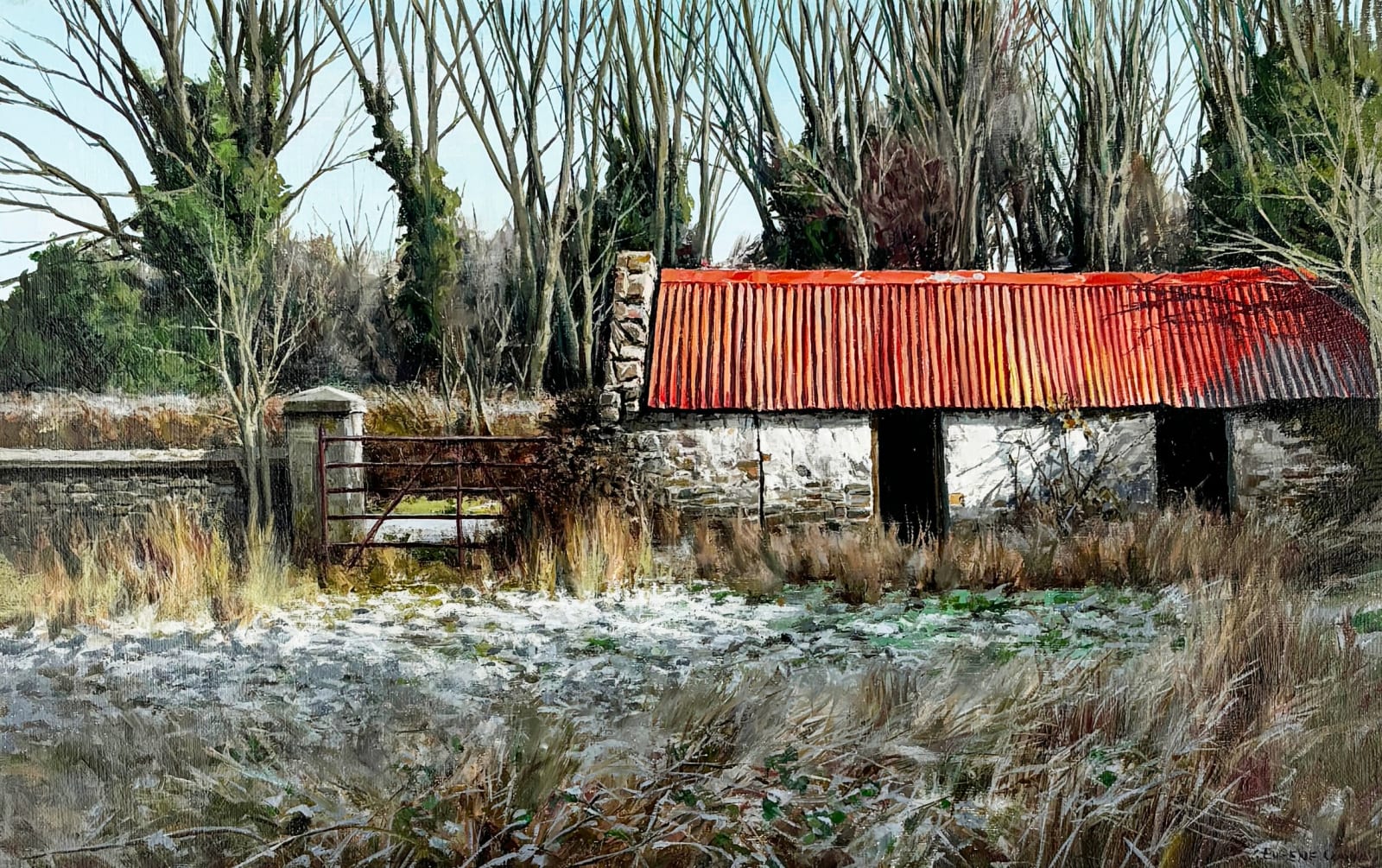 Eugene Conway: Winter Barn, oil on canvas, 14 1/8 x 22” / 36 x 56cm | Eugene Conway: Memories of Home | Saturday 11 May – Thursday 30 May 2024 | Gormleys Fine Art, Dublin | Image: Eugene Conway: Winter Barn, oil on canvas, 14 1/8 x 22” / 36 x 56cm | realistic painting of a farm shed in wintertime – red corrugated-iron room, stone walls with signs of former whitewashing or plaster, missing doors showing us black interiors; we see the shed across frost-covered grass; to the left of the shed as we look at it is a very standard-issue farm gate, closed, and through it we see a narrow road with hedge opposite, then bare trees except for ivy crawling all over them, against a pale-blue sky with hints of hazy cloud; to the left of the gate is a capped stone will, with pillar for the gate 