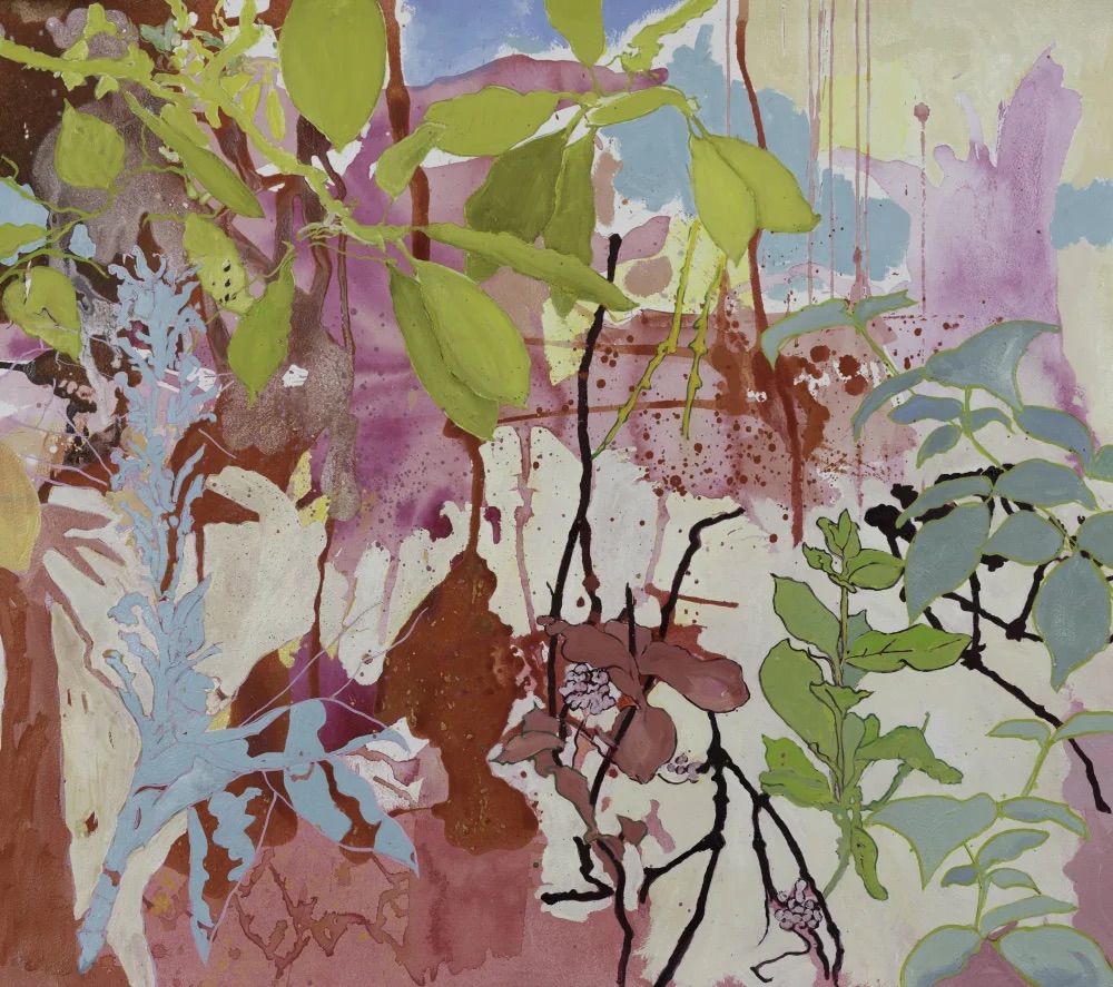 Maggie Morrison: Enduring, oil on paper, 66 x 76cm, 2024 | Maggie Morrisson: Apricity | Thursday 27 June – Saturday 20 July 2024 | Solomon Fine Art | Image: mMaggie Morrison: Enduring, oil on paper, 66 x 76cm, 2024 | floral painting – various plant shapes across the surface, but also spashes and blotches 