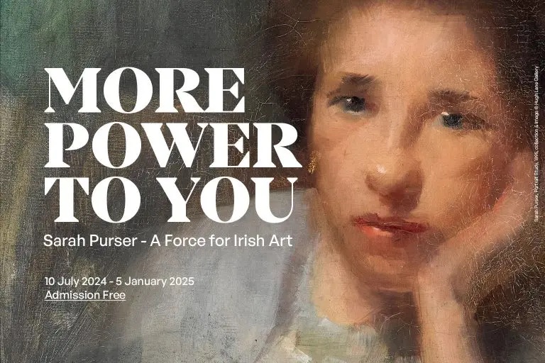 MORE POWER TO YOU: Sarah Purser: A Force for Irish Art | Wednesday 10 July 2024 – Sunday 5 January 2025 | Hugh Lane Gallery | Image: Sarah Purser, Detail from 'Portrait Study' c. 1895. Collection & image © Hugh Lane Gallery | close up of a painting; we see most of the face, which is reston on the sitters left hand, and we see a bit of the right shoulder, which is covered by greyish-blue material; the sitter’s hair is dark brouwn, and the eyes are dark, with a spot of reflected light on each; there’s a similar spot of reflected light on the tip of the nose and on the lips; the title of the exhibition and further information overlay the painted image 