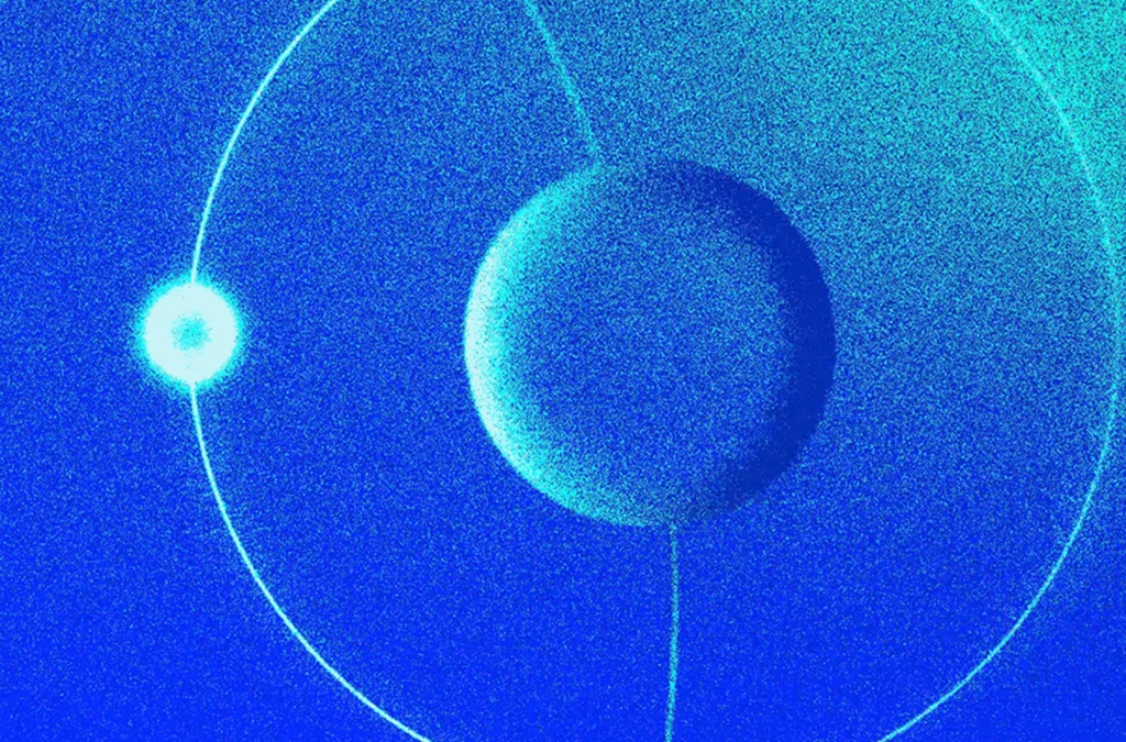 EARTH RISING | Friday 20 September – Sunday 22 September 2024 | IMMA | Image: grainy cyan-and-white image; could be rendering of interacting subatomic particles, or idealised planet circling a sun … only it’s the planet that is glowing with its light bouncing off the very close ‘sun’ 