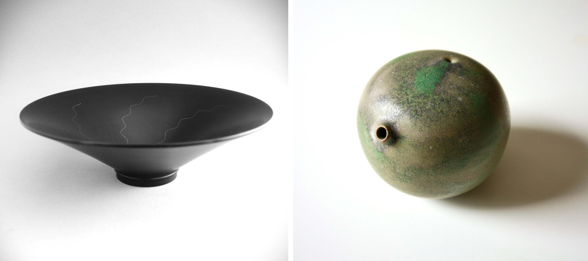 Left: Roger Bennett, Coloured Sycamore (inlaid with silver), 26 x 8cm; right: Antonio Julio Lopez Castro, Water Dropper, stoneware, 7.5 x 8.5cm. | Bravura 2024 | Thursday 17 October – Sunday 3 November 2024 | Wexford Arts Centre | Image: Left: Roger Bennett, Coloured Sycamore (inlaid with silver), 26 x 8cm; right: Antonio Julio Lopez Castro, Water Dropper, stoneware, 7.5 x 8.5cm | two photos, side by side; the left photo is of a very elegant black bowl, simple in shape, though with some white lines that somewhat resemble lightning; the photo on the right looks at first glance something like a gooseberry in colour and shape; there is an inward hold at the top, and an outward hole (the sides are raised) along the side 