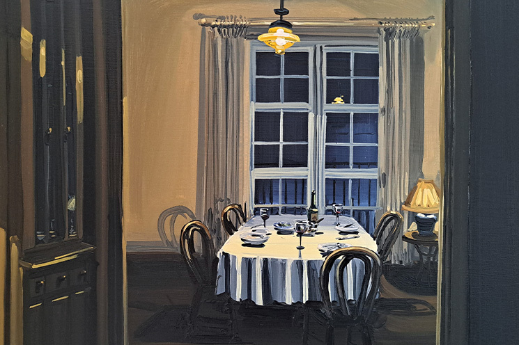 Ciara Roche, The Dining Room (after Seven), 25 x 35cm, oil on canvas, 2023 | Ciara Roche: honeymoon | Saturday 12 October – Sunday 1 December 2024 | Butler Gallery | Image: Ciara Roche, The Dining Room (after Seven), 25 x 35cm, oil on canvas, 2023 | view from a hallway, perhaps, into a dining room of a hotel, probably; the style of the room is old, with a tall, six-panelled, 24-paned window directly opposite the doorway that we are looking through; we see darkness outside, with the old-fashioned ceiling light reflected in one of the panes; very tall grey curtains; tan walls; white tablecloth; dark floor 