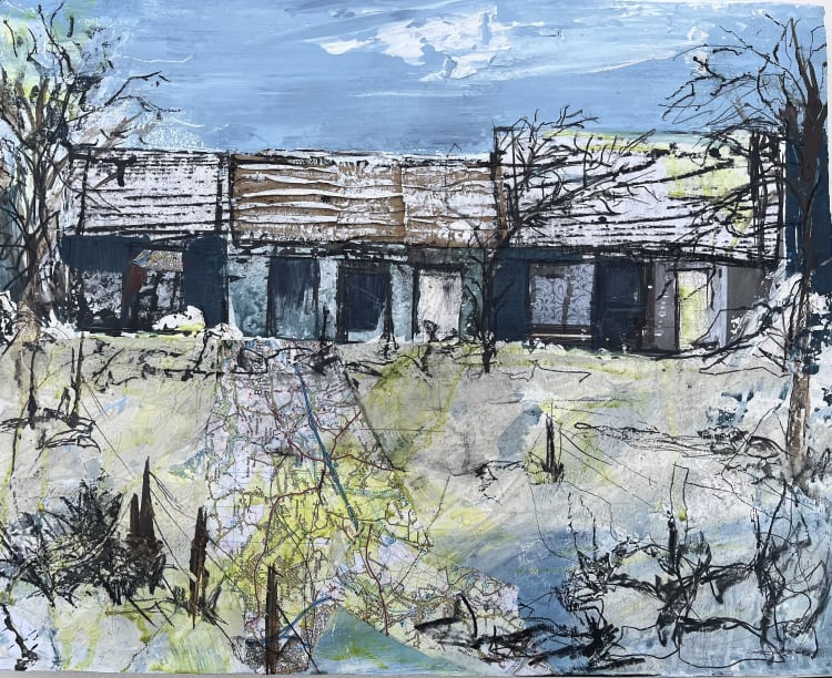 Dublin Simon Community Charity Art Auction | Thursday 28 November – Tuesday 10 December 2024 | Gormleys Fine Art, Dublin | Image: artist not specified; across an expanse of rough terrain we see maybe three cottages / shacks in a row facing us, with a blue-ish sky behind and hints of clouds, possibly windswept; there are trees, apparently leafless; what seems to be a path or a tangle of weeds between us and the housing is in fact a map, probably of part of England and presumably glued to the surface; the patterns on the roofs of the housing appear generated using frottage; the sky shows signs of paint + palette knife 