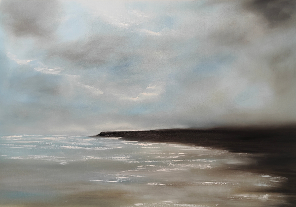 Lillian O’Sullivan: Echoes of Light: The Sea’s Reflection | Saturday 25 January – Saturday 8 March 2025 | Garter Lane Arts Centre | Image: oil painting; a dark-brown headland enters from the right and stretches two thirds of the way across the canvas, about 40% up from the bottom; the sky is half-cloudy, half sunny, including lower, darker, scragglier clouds; sunlight is catching the tops of waves as they approach from the horizon in the distance 