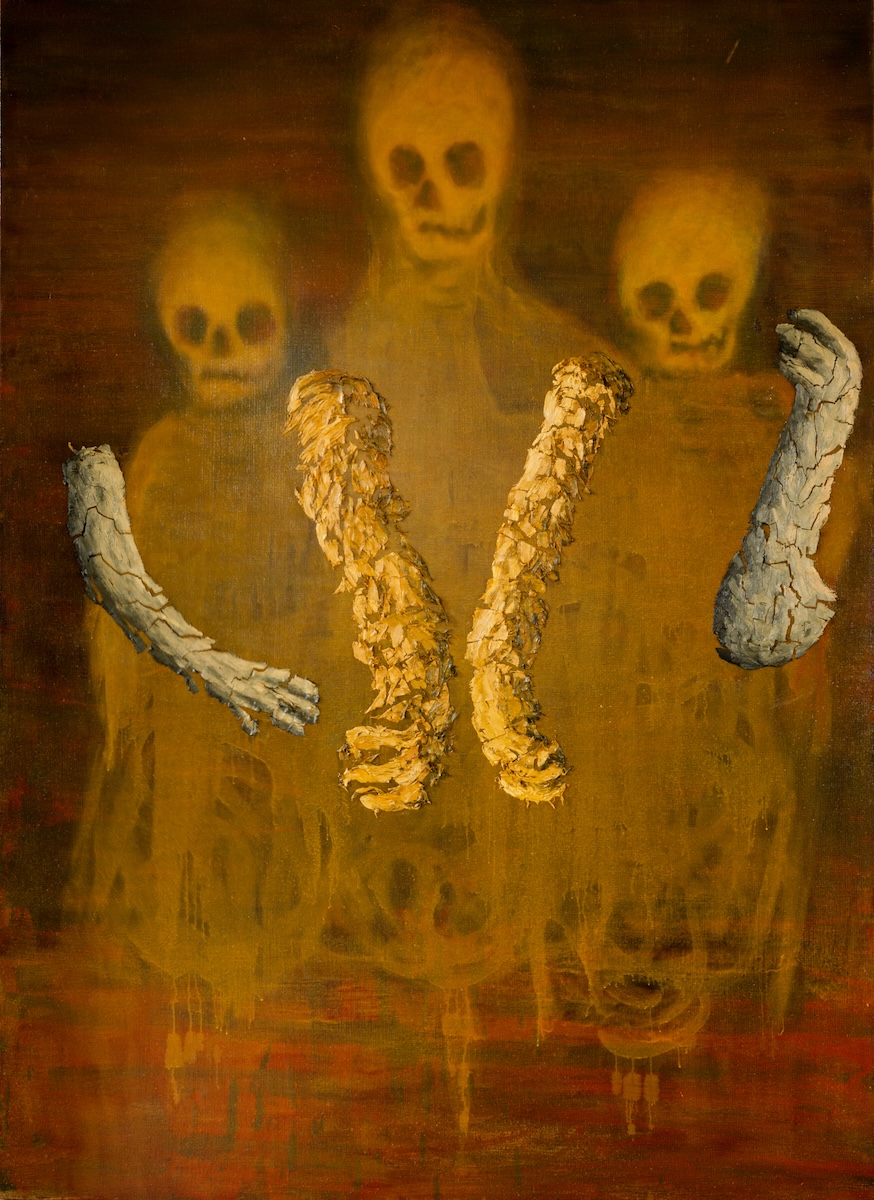 Kevin Mooney: Ancestors, 2024, oil, distemper, varnish and collaged oil paint on jute, 220 x 160 cm | Kevin Mooney: Ancestors | Thursday 23 January – Friday 28 February 2025 | Hillsboro Fine Art | Image: Kevin Mooney: Ancestors, 2024, oil, distemper, varnish and collaged oil paint on jute, 220 x 160 cm | against a burnt-sienna background we see three very ghostly figures –  pale skulls atop very vague bodies next to each other looking towards the viewer; we only see the arms of two of them, and they are strangely scaly things – presumably built up off the surface of the canvas through collaging or similar; the hands sem to have too few fingers 