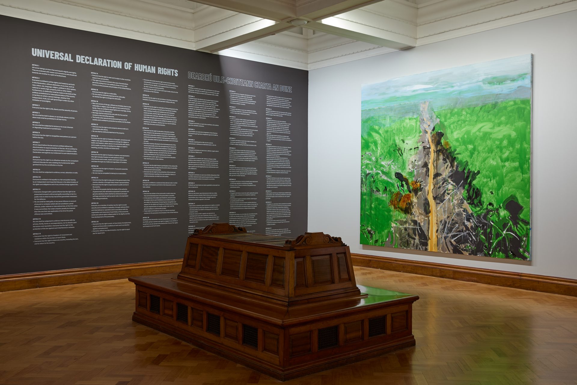 Eye Witness Symposium | one-day seminar, Friday 21 March one-day seminar, Friday 21 March | Hugh Lane Gallery | Image: installation shot of the Brian Maguire ‘Grande Illusion’ show in the Hugh Lane; in the foreground is one of the Hugh Lane’s ornate viewing benches; behind it to our left is a wall painted a dark grey onto which the Universal Declaration of Human Rights has been copied in white text, in English and as Gaeilge; on the wall to our right, there is a large Maguire painting; it depicts a field with lush green growth through which there is a ditch, which is wide in the foreground and then it narrows as it heads off into the distance; there is an orange-yellow fluid in the ditch 