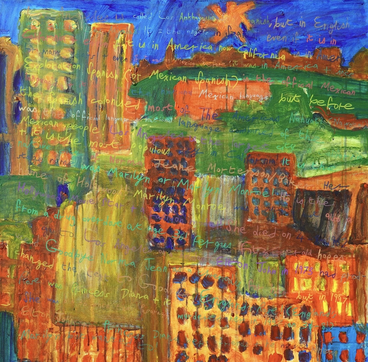 Fergus FitzGerald, Los Angeles, United States of America, 2022. Acrylic and marker on canvas. Courtesy of the artist and KCAT Arts Centre | Fergus FitzGerald: Geography Is Important | Friday 2 May – Saturday 28 June 2025 | SIRIUS | Image: Fergus FitzGerald, Los Angeles, United States of America, 2022. Acrylic and marker on canvas. Courtesy of the artist and KCAT Arts Centre | brightly coloured painting of a cityscape; blue sky with big orange sun across the top of the painting,, under which the rest of the support is crowded with skyscrapers and green spaces; words are written in flowing cursive in different colours – like “Exploration Spanish (or Mexican Spanish)”, “it = the angels” and much more Fergus FitzGerald, Los Angeles, United States of America, 2022. Acrylic and marker on canvas. Courtesy of the artist and KCAT Arts Centre | Fergus FitzGerald: Geography Is Important | Friday 2 May – Saturday 28 June 2025 | SIRIUS | Image: Fergus FitzGerald, Los Angeles, United States of America, 2022. Acrylic and marker on canvas. Courtesy of the artist and KCAT Arts Centre | brightly coloured painting of a cityscape; blue sky with big orange sun across the top of the painting,, under which the rest of the support is crowded with skyscrapers and green spaces; words are written in flowing cursive in different colours – like “Exploration Spanish (or Mexican Spanish)”, “it = the angels” and much more