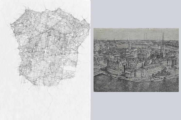 

(L) Kathy Prendergast, Mexico City from ‘City Drawings’, 1992, Pencil on Paper, 24 x 32cm, Collection Irish Museum of Modern Art, Purchase 1996, © Kathy Prendergast. (R) Chris Leach, Tallin, Estonia, Pencil, scalpel, burnishing tool, rabbit skin gesso on quarter sawn oak, 32 x 43mm (From Capital Cities series 2013-2023)

 | Kathy Prendergast & Chris Leach: Cities of the World | Saturday 9 August – Sunday 26 October 2025 | Butler Gallery | Image: (L) Kathy Prendergast, Mexico City from ‘City Drawings’, 1992, Pencil on Paper, 24 x 32cm, Collection Irish Museum of Modern Art, Purchase 1996, © Kathy Prendergast. (R) Chris Leach, Tallin, Estonia, Pencil, scalpel, burnishing tool, rabbit skin gesso on quarter sawn oak, 32 x 43mm (From Capital Cities series 2013-2023) | both drawing are delicate, greyscale works; Prendergast’s is a map of the streets of Mexico City; Leach’s is a view of Tallin as viewed from the air, but a pictorial view rather than a map ° “Butler Gallery, in association with Kilkenny Arts Festival, is delighted to present an exhibition exploring the theme of ‘Cities of the World’ by two artists, Kathy Prendergast and Chris Leach. The two have never met, but are intrinsically linked by this subject matter which they realise in very different ways…”
