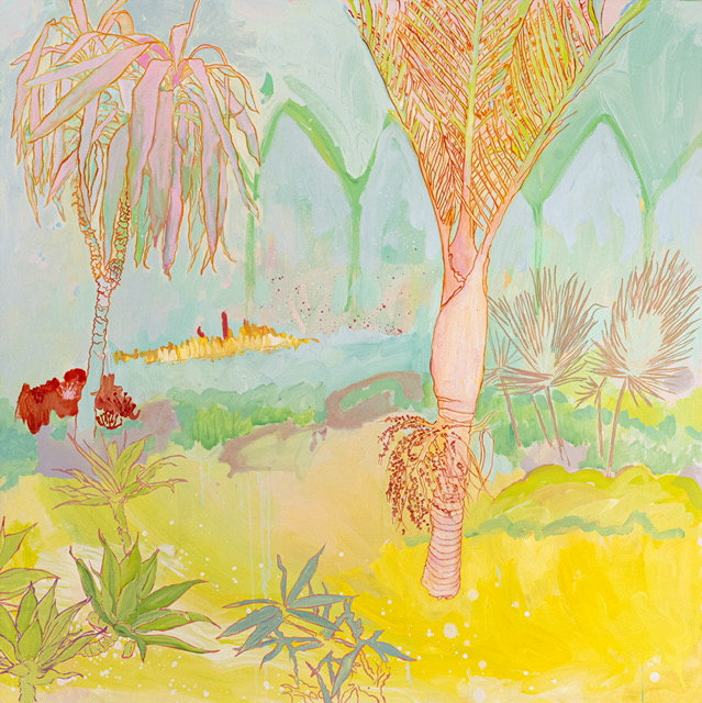Maggie Morrisson, Relax and Unwind, oil on canvas, 120 x 120cm | Summer Group Show | Thursday 24 July – Saturday 23 August 2025 | Solomon Fine Art | Image: Maggie Morrisson, Relax and Unwind, oil on canvas, 120 x 120cm | painting of a landscape that is a bit like what you might see in a Gauguin; tropical plants, hot palette that leans towards the yellow, particularly in the foreground; no people 