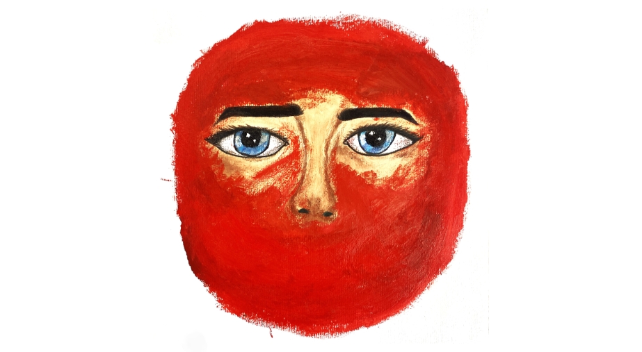 HeART of Gaza | Friday 18 July – Wednesday 13 August 2025 | Wexford Arts Centre | Image: drawing – we see just eyes, eyebrows and nose of a sad / concerned face; the rest of the face / head is a blood-red circle; the texture of the marks suggests use of crayons? 