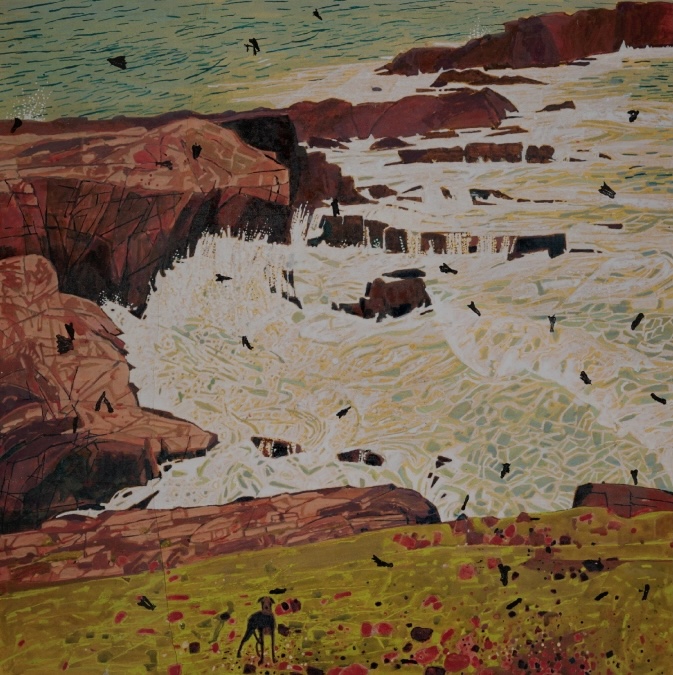 Niall Naessens: Walk in the Sublime | Friday 17 October – Sunday 16 November 2025 | Royal Hibernian Academy | Image: Niall Naessens, Hound and Near Gale Winds, 2025, courtesy the artist | looking downwards past a dog bottom centre looking at and onto a churning sea as the waves hig a rocky, red-tinged shore; black shapes are probably birds Niall Naessens: Walk in the Sublime | Friday 17 October – Sunday 16 November 2025 | Royal Hibernian Academy | Image: Niall Naessens, Hound and Near Gale Winds, 2025, courtesy the artist | looking downwards past a dog bottom centre looking at and onto a churning sea as the waves hig a rocky, red-tinged shore; black shapes are probably birds