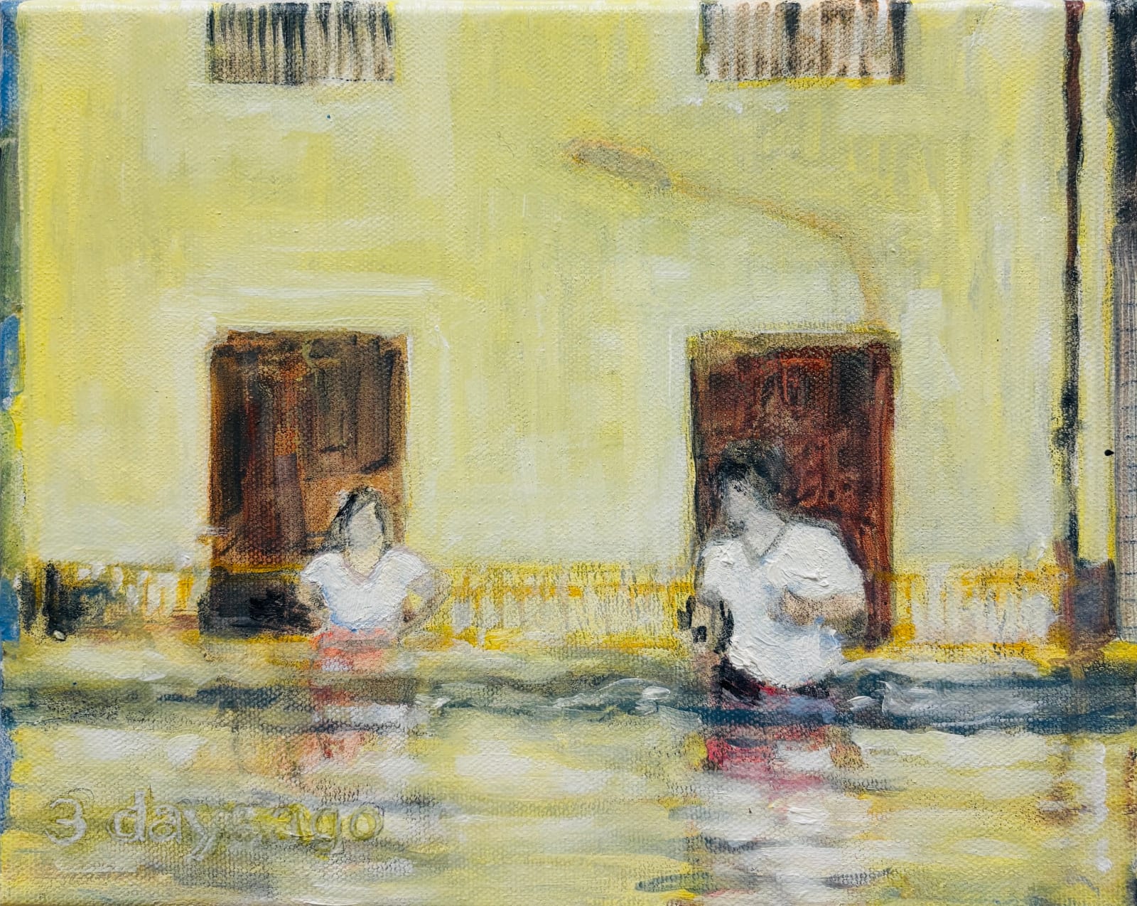 Bernadette Kiely: 3 DAYS AGO, 2023, oil on canvas, 20 x 25 cm; © the Artist | Summer Group Exhibition | Friday 1 August – Saturday 23 August 2025 | Taylor Galleries | Image: Bernadette Kiely: 3 DAYS AGO, 2023, oil on canvas, 20 x 25 cm; © the Artist | this appears to be a painting of two people in a street in a city that is flooded; they are up to their waists in water; a yellow building is behind them, and brown doors or windows almost frame them