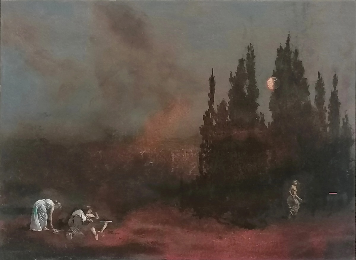 
Sean Molloy: Family album 3, oil on board, 22 x 30cm
 | Sean Molloy: Headland, A John Heysham Love Project | Thursday 9 October – Thursday 30 October 2025 | Molesworth Gallery | Image: Sean Molloy: Family album 3, oil on board, 22 x 30cm | painting that seems caught half way between a photograph and a painting in a pre-1800s style of painting; a scene that might be in Italy or Greece; tall dark trees to the right, with a moon (or possibly sun, the landscape is very smoky) peeping through behind; foreground left is a scene that is difficult to decipher; on the left of what is probably a group of three we see a figure in a long white dress, long-haired, bending down towards the centre of the canvas; two figures appear to be on the ground in front of the first figure; it is not clear what they are doing, and it may be violent; across the canvas to the right, another figure, long-haired and in a dress, or perhaps bare-chested in a skirt, appears to be running away while looking back; there are two, maybe more, small bars pale colour on the canvas, like interference on an old TV; there may be a city in the background, roofs, or a bridge, possibly reflected…