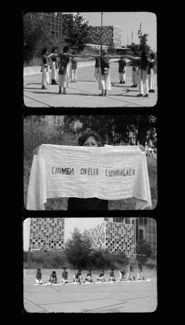 Ana Bravo-Pérez: If we remain silent, 2023, film stills. Courtesy of the artist. | Ana Bravo-Pérez: If we remain silent | to Sunday 26 October | Limerick City Gallery | Image: Ana Bravo-Pérez: If we remain silent, 2023, film stills. Courtesy of the artist. | three old-style film stills, one above the other, against a black background; we seem to be seeing a performance crossed with a protest; in the middle image someone is holding up a white cloth with someone’s name printed on it – Carmen Ofelia Cumbalaza 