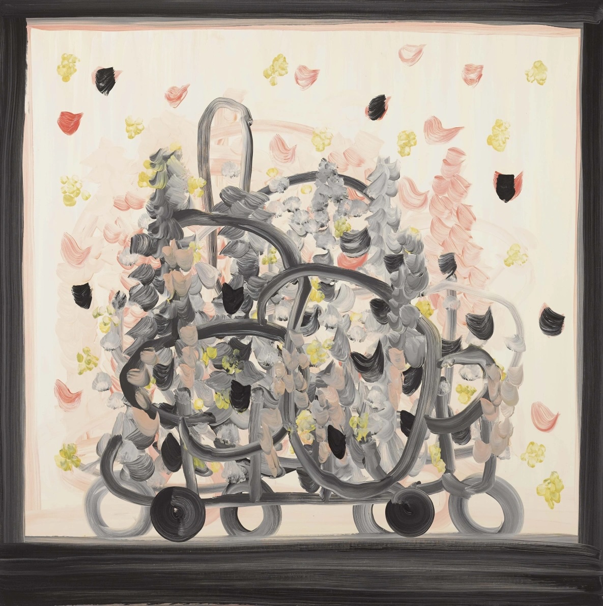 Sinéad Ní Mhaonaigh: Snáithe | Thursday 9 October – Saturday 22 November 2025 | The LAB | Image: Sinéad Ní Mhaonaigh: Unseen Landscape No. 3, oil on canvas, 120 x 120cm, 2024 | the square canvas has a painted-onto-the-canvas, by the look of it, frame, which is dark with visible brushstrokes and thicker at the bottom; inside this frame we see swirls – mostly grey fading into black and back, brushstrokes visible – and painterly dots, some black, some more than one colour, most of them though pale pink or pale yellow; the background is a creamy white 