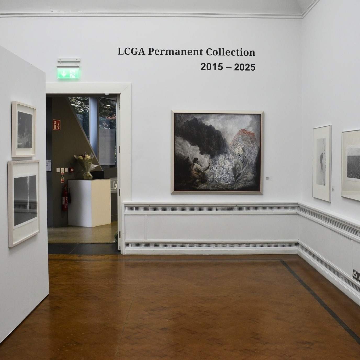 Director’s Cut | to 30 November 2025 | Limerick City Gallery | mage: installation shot at LCGA – five artworks on three walls, parquet floor, doorway into another exhibition room, ‘LCGA Permanent Collection 2015 – 2025’ in black letters on the wall facing us; walls white  Director’s Cut | to 30 November 2025 | Limerick City Gallery | mage: installation shot at LCGA – five artworks on three walls, parquet floor, doorway into another exhibition room, ‘LCGA Permanent Collection 2015 – 2025’ in black letters on the wall facing us; walls white