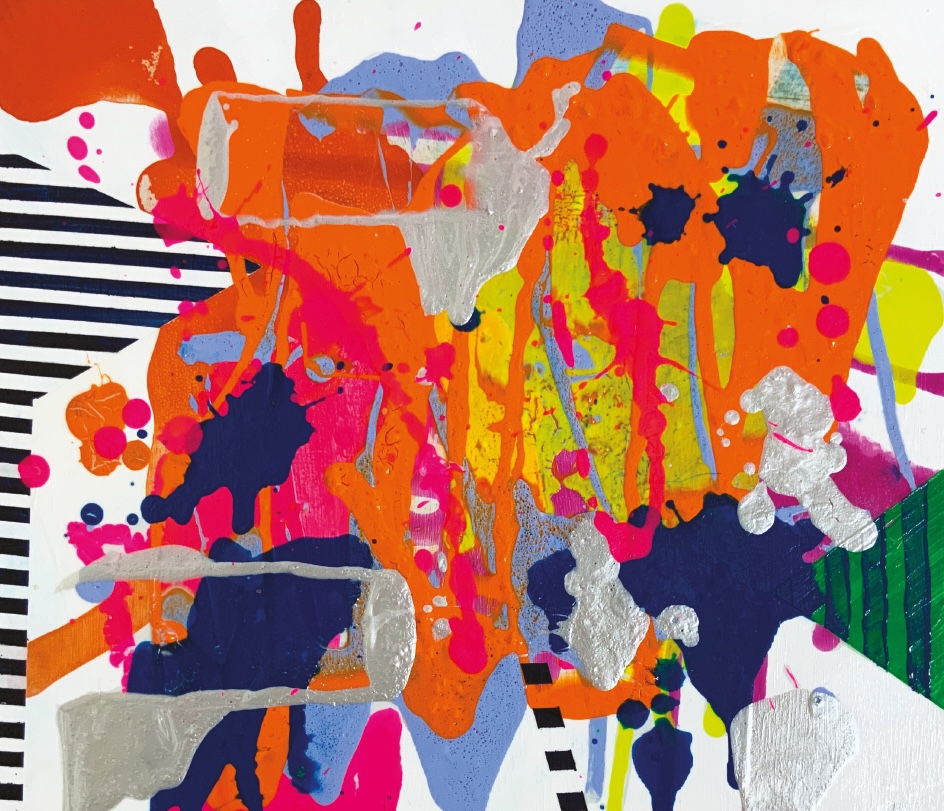 Clare O’Connor: Energetic Labyrinths No. 1, 40 x 50cm | Clare O’Connor: Energetic Labyrinths | Thursday 16 October – Wednesday 31 December 2025 | Toradh2 Gallery | Image: Clare O’Connor: Energetic Labyrinths No. 1, 40 x 50cm | possibly partly a collage, as it has some strong stripes in black and white; otherwise mostly ‘loud’ splashes / patches of vivid paint, including silver paint, one splash on top of another; very dynamic; there is a white background supporting all this 