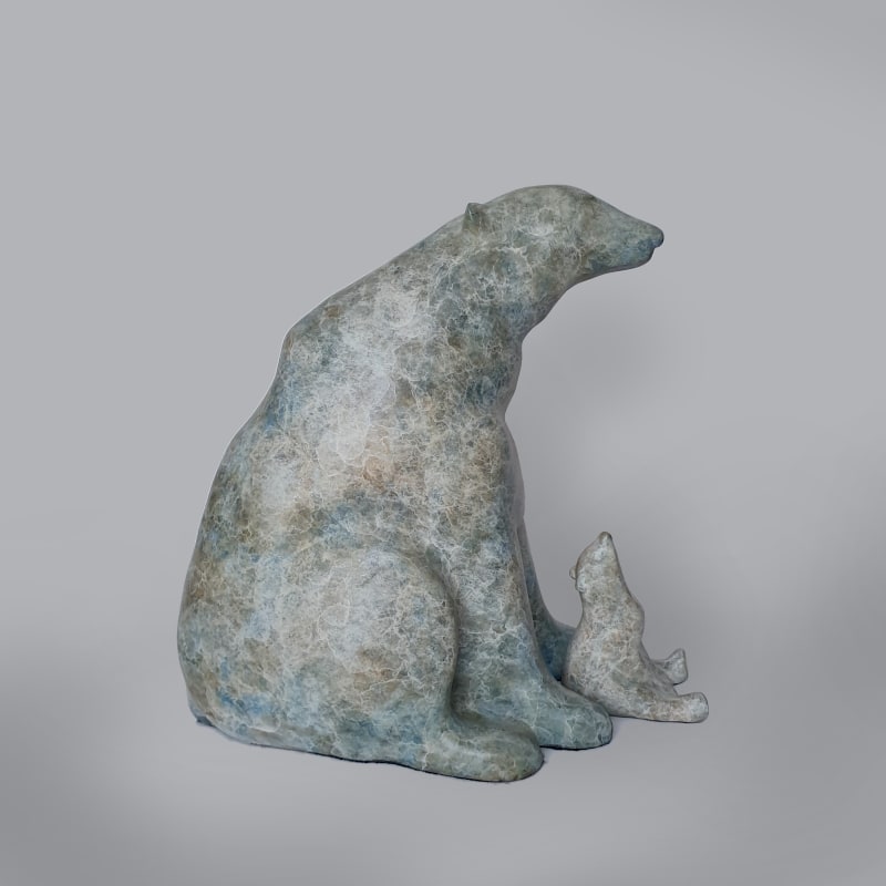 Stephanie Hess, Polaris, bronze, edition of 9, 30 x 35 x 18cm | Winter Group Show: Gallery & Invited Artists | Thursday 20 November – Tuesday 23 December 2025 | Solomon Fine Art | Image: Stephanie Hess, Polaris, bronze, edition of 9, 30 x 35 x 18cm | photo, side view of a polar bear (probably) with its cub, which is in front of it body faced away but head turned up to look at its mother who is sitting behind the cub; patinated (?) – swirls of pale colours, it would look like the surface of ice if it were not covering the shape of a bear; grey ‘photo studio background’ background Stephanie Hess, Polaris, bronze, edition of 9, 30 x 35 x 18cm | Winter Group Show: Gallery & Invited Artists | Thursday 20 November – Tuesday 23 December 2025 | Solomon Fine Art | Image: Stephanie Hess, Polaris, bronze, edition of 9, 30 x 35 x 18cm | photo, side view of a polar bear (probably) with its cub, which is in front of it body faced away but head turned up to look at its mother who is sitting behind the cub; patinated (?) – swirls of pale colours, it would look like the surface of ice if it were not covering the shape of a bear; grey ‘photo studio background’ background