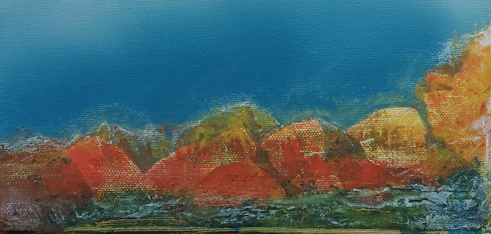 Claire Lambert, ‘When I am silent, I have thunder hidden inside’ Rumi (detail), oil and cold wax on canvas, 2025 | Artists’ Winter Showcase: Fragments of Silence | Saturday 8 November 2025 – Saturday 7 February 2026 | Uillinn: West Cork Arts Centre | Image: Claire Lambert, ‘When I am silent, I have thunder hidden inside’ Rumi (detail), oil and cold wax on canvas, 2025 | reddish hills with blue sky behind and what may be foothills or sea; or this could be a closer view of rocks by the sea 