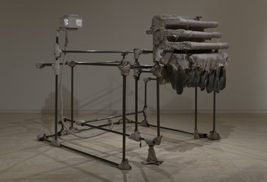 Siobhán Hapaska: Tick, 2009, steel gas pipe, fibreglass, deerskin, LED components, slate powder in resin | Someone Else’s Life | Thursday 13 January  – Saturday 19 February 2011 | Kerlin Gallery