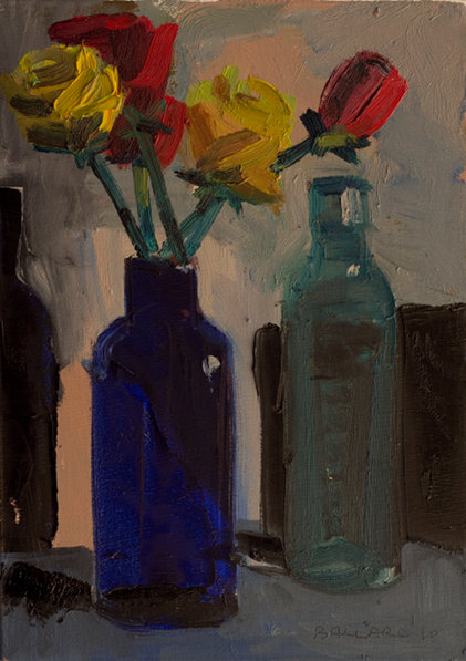 Brian Ballard: Roses with Three Bottles, 2010, oil on canvas, 35 x 25cm | Ballard & Ballard | Wednesday 23 February  – Saturday 2 April 2011 | Peppercanister Gallery