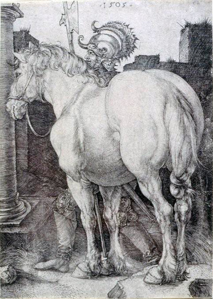 Albrecht Dürer: The Great Horse, 1505, engraving, 15.9 x 11.3 cm;  collection Irish Museum of Modern Art Donation, Madden / Arnholz Collection, 1989 | Old Master Prints | Wednesday 23 March  – Sunday 12 June 2011 | IMMA