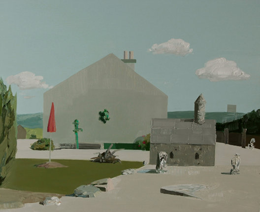Mairéad O hEocha: House with Miniature Round Tower, Co. Carlow, oil on board, 40 x 49 cm, 2008; image courtesy the artist and mother's tankstation | Mairead O’hEocha: whisper concrete | Saturday 19 March  – Sunday 1 May 2011 | Butler Gallery