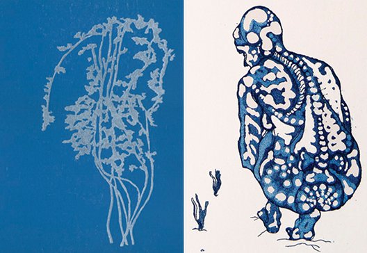 left: Gerard Cox, Sometimes I Dream (detail), woodblock print, edition of 9;  right: Ciaran Tuite, Gathering Orchids (detail), etching, edition of 40 | Gerard Cox • Ciarán Tuite | Friday 6 May  – Saturday 28 May 2011 | Graphic Studio Gallery