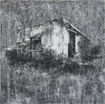 Michael Wann: No Ghost 3, 2010, Charcoal and Wash on Canvas, 70 x 70 cm | Michael Wann: Derelict | Friday 8 April  – Saturday 28 May 2011 | Draíocht