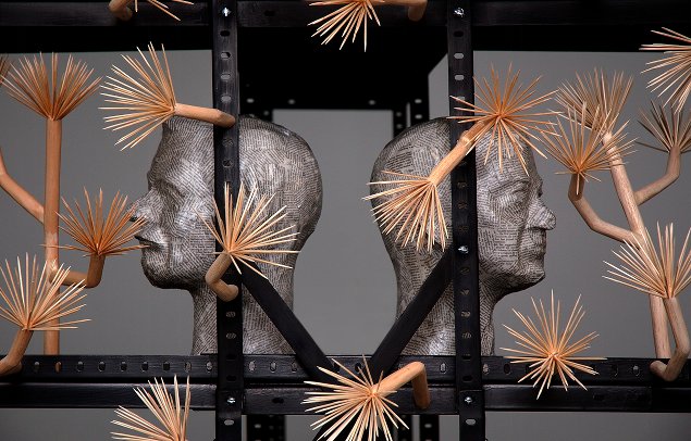 Alan Phelan: Information deficit blended-in as a tree, 2006. Metal shelving, archival paper, toner, EVA glue, balsa wood, cocktail sticks, varnish, grate polish, framed c-print photograph, (papier-mâché made from pages of the Daily Telegraph). 350 x 200 x 300 cm. Collection Irish Museum of Modern Art. Purchase 2010. Image courtesy of the artist. | Twenty | Friday 27 May  – Sunday 16 October 2011 | IMMA