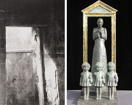 left: Margo McNulty, Portal (detail), lithograph, 55cm x 75cm; right: Eamonn O’Doherty, A Confirmation No. 2, bronze & gold leaf, height: 70cm | Margo McNulty | Eamonn O’Doherty | Thursday 9 June  – Saturday 2 July 2011 | Graphic Studio Gallery