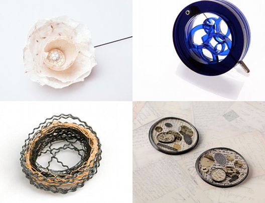 Top left: Sabrina Meynes  - Untitled; top right: Rachel McKnight – Perspex Circle Brooch; bottom left: Susan Cross – Enclosed; bottom right: Clare Hillerby – Oval Collage Brooches | Ornament – An Exhibition of Brooches | Saturday 14 May  – Saturday 18 June 2011 | Rua Red