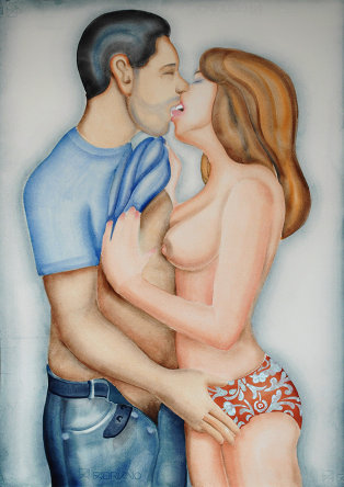 John Kindness: Couple I, gouache on paper, 2011, 65 x 50 cm | Fiona Dowling, John Kindness, Sheila Rennick: Lust | Thursday 23 June  – Saturday 16 July 2011 | Hillsboro Fine Art