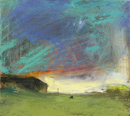 Melita Denaro: He, the Christ, came quiet as he could and lifted me out of Hell into a soft Heaven. Painting by the shore as cows moved from my brae field for better grazing., Oil on panel, 13¼ x 15 ins | Melita Denaro: The Tenderness of Attention | Friday 3 June  – Saturday 25 June 2011 | John Martin Gallery