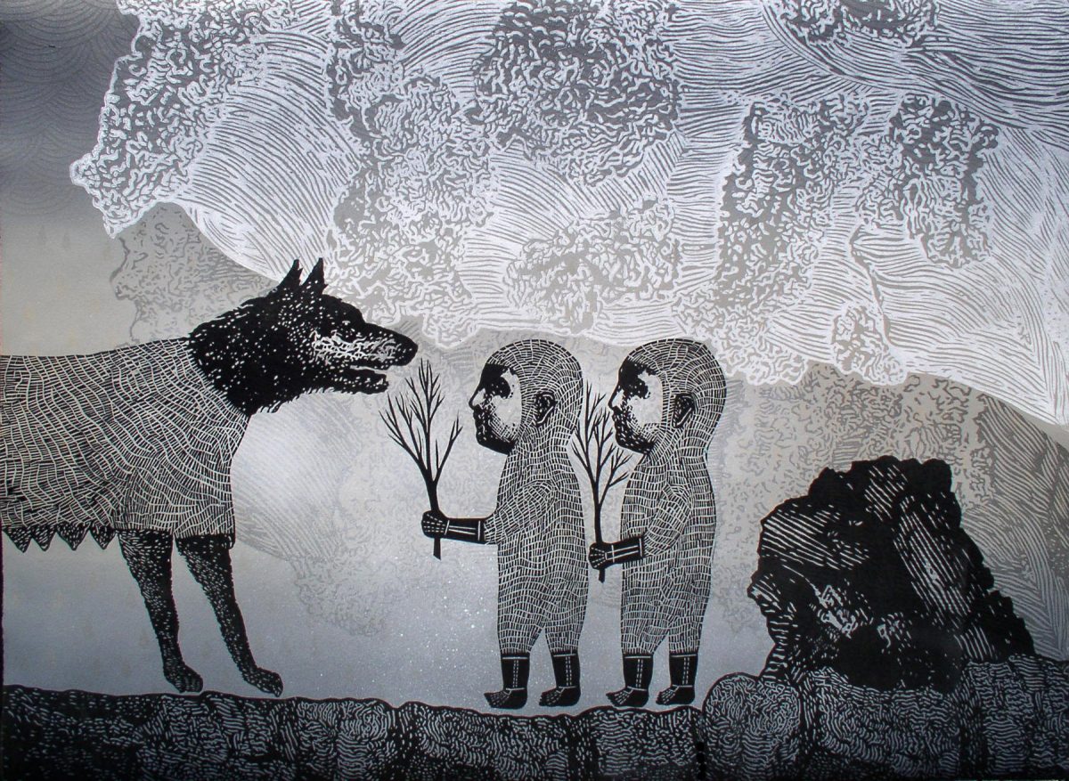 Chadwick Tolley: Mama Wolf, relief print, 22 x 30 cm  | From Dublin to LA and Back | Friday 13 January  – Saturday 28 January 2012 | Black Church Print Studio at Monster Truck