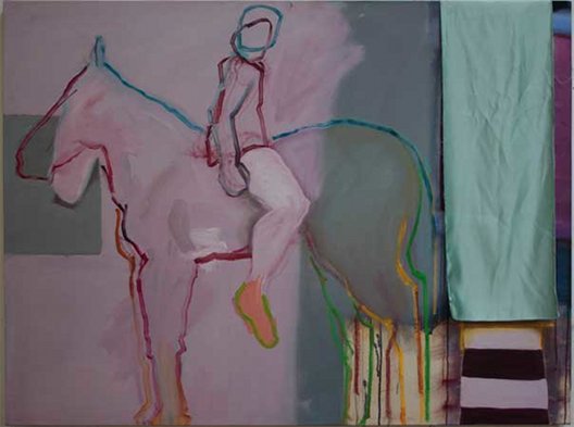 Katherine Boucher Beug: Riding Backwards, 2011, acrylic, pastel and fabric on canvas, 114 x 152 cm, Image courtesy of the artist | The Horse Show | Friday 13 January  – Sunday 25 March 2012 | Royal Hibernian Academy