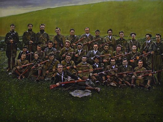 Mick O'Dea:  21st June 1921, 11:45pm, mixed media on linen, 190 x 250 cm, 2012; photographic source material courtesy of Jack Leonard 1882-1960 | Mick O’Dea: Trouble | Thursday 26 April  – Saturday 26 May 2012 | Kevin Kavanagh