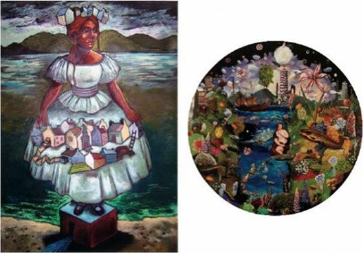 left: Rosie McGurran, House Dress, pastel on paper 83 x 59 cm; right: Gavin Lavelle, Toilet of Venus, mixed media on gesso panel diameter 60 cm | Rosie McGurran and Gavin Lavelle: Tales From The West | Friday 11 May  – Saturday 2 June 2012 | Peppercanister Gallery