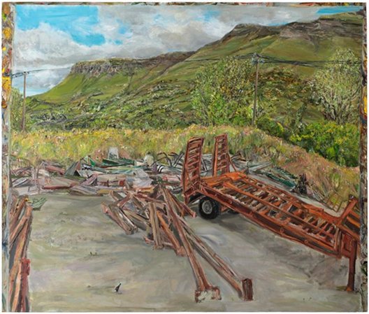 Nick Miller: Steel Yard, Mountain and Trailer, 2012, oil on linen,183 x 214 cm | Nick Miller: Yard | Saturday 8 September  – Saturday 27 October 2012 | Rubicon Gallery