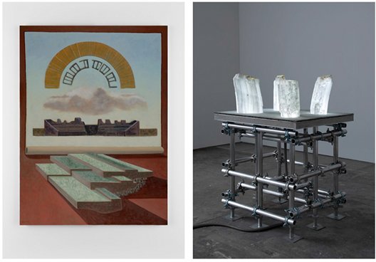 Left – Stephen McKenna, Piranesi 1, 2012, oil on canvas, 135 x 100 cm; Right – Siobhán Hapaska, four angels, 2012, selenite, aluminium, forged aluminium fittings, concrete cloth, LEDs & electrical components, 150 x 100 x 100 cm | Siobhán Hapaska & Stephen McKenna | Friday 30 November 2012  – Saturday 19 January 2013 | Kerlin Gallery