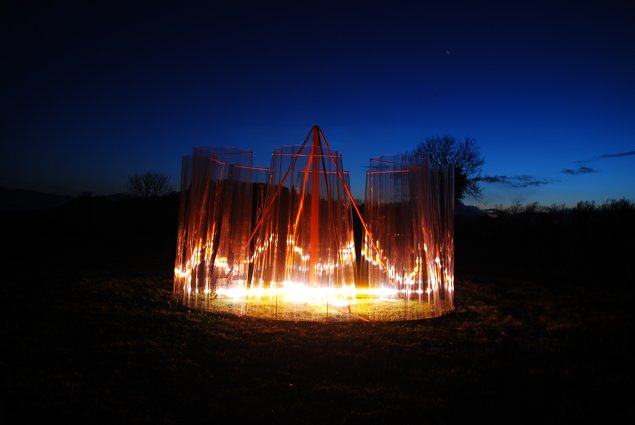 Fiona Mulholland: Do I believe in magic?, 2012, powder coated & painted mild steel, Marvec plastic sheeting, perspex, fittings & fluorescent lighting. 160cm (H) x 300cm (W)

 | Fiona Mulholland | Friday 8 February  – Saturday 9 March 2013 | The Library Project