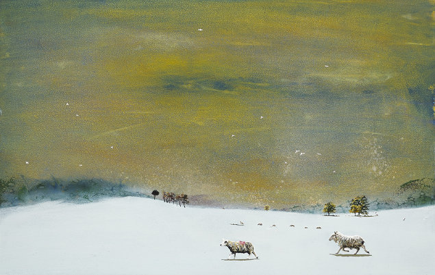 Ann Quinn: Sheep making their way across the Curragh in the snow, 2013, oil on canvas | Ann Quinn: Subtle Correspondence | Friday 14 June  – Saturday 13 July 2013 | Taylor Galleries