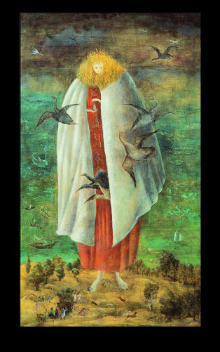 Leonora Carrington: The Giantess (The Guardian of the Egg), 1947 circa, tempera on wood panel, 117 x 68 cm, Collection Miguel S. Escobedo, © Estate of Leonora Carrington / ARS | Leonora Carrington Retrospective | Wednesday 18 September 2013  – Sunday 26 January 2014 | IMMA