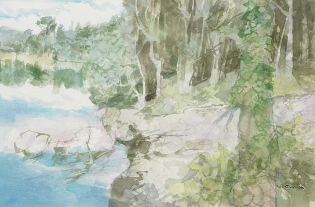 T.P. Flanagan: Tow Path, 2001, watercolour on paper, 19½ x 29½ in | T. P. Flanagan: Painter of Light and Landscape | Friday 13 September  – Saturday 21 September 2013 | Taylor Galleries