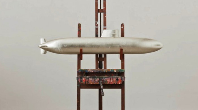 Dorothy Cross: Shark-Heart Submarine, 2011, 19th century oak painters easel, model submarine, laminated wood, oil-gilded in white gold, shark’s heart in glass jar with alcohol, Dimensions variable, Courtesy of Dorothy Cross and Kerlin Gallery, Dublin. | Dorothy Cross: Connemara | Friday 14 March  – Sunday 27 April 2014 | Royal Hibernian Academy