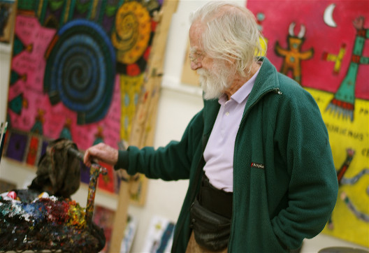 Alan Davie in his studio at Gamels | Alan Davie: A Magical Journey | Friday 6 June  – Saturday 5 July 2014 | Hillsboro Fine Art