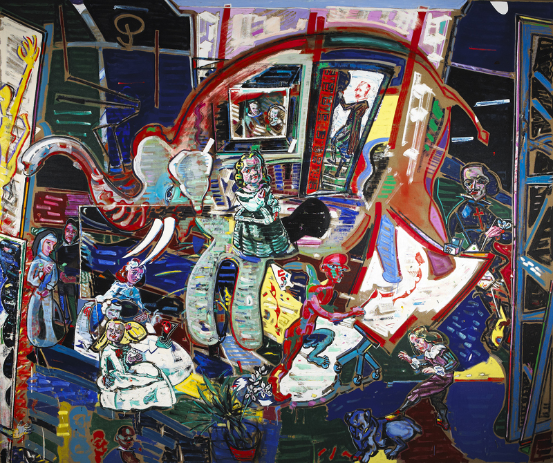 Michael Cullen RHA: Studio Scene with Elephant: Study after Velázquez, 2011, oil on linen, 350 cm x 400 cm; image courtesy of the artist | Michael Cullen RHA: Studio Scene with Elephant – Study after Velázquez | Friday 16 January  – Sunday 26 April 2015 | Royal Hibernian Academy