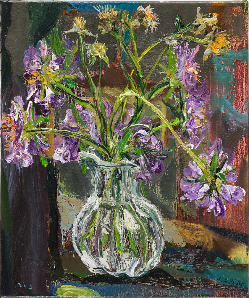 Nick Miller: Scabiosa, 2014, oil on linen, 31 x 21 cm | Nick Miller: Vessels: Nature Morte | Friday 16 January  – Sunday 26 April 2015 | Royal Hibernian Academy